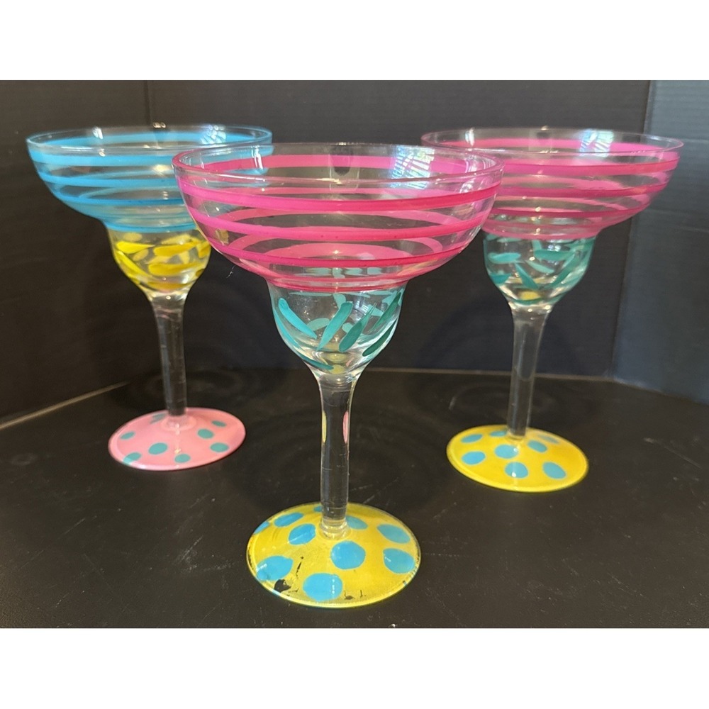 Hand Painted Martini Glasses Festive Colorful Pink Blue Bohemian 6.5" Set Ofโ 3